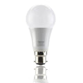 Voltacon 8W B22 LED bulb with white dome top and silver base, shown against white background with reflection below.