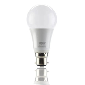 Voltacon 8W B22 LED bulb with white dome top and silver base, shown against white background with reflection below.