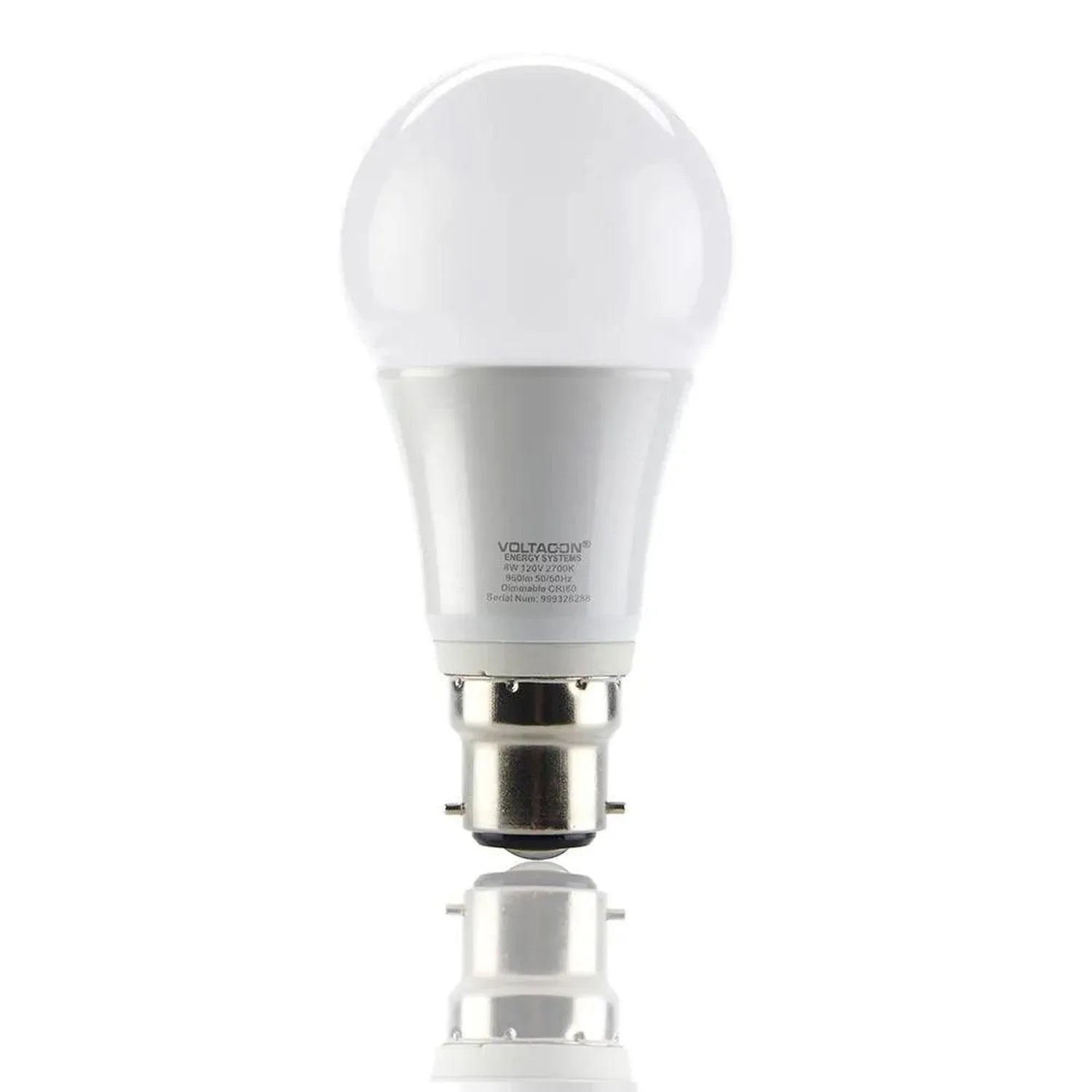 Voltacon 8W B22 LED bulb with white dome top and silver base, shown against white background with reflection below.