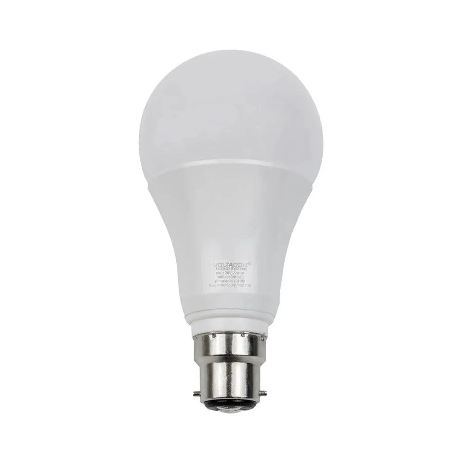 White LED bulb with B22 bayonet base shown against white background, product alone.