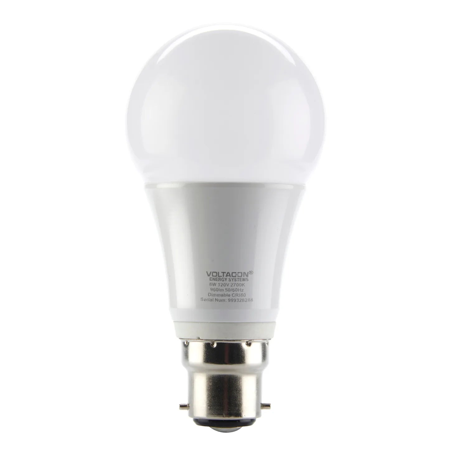 Voltacon LED bulb with white dome and silver base, shown against white background.
