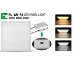 PL-AN-P3 LED panel light with power driver and control remote showing three color temperature options: 2700K warm white, 4000