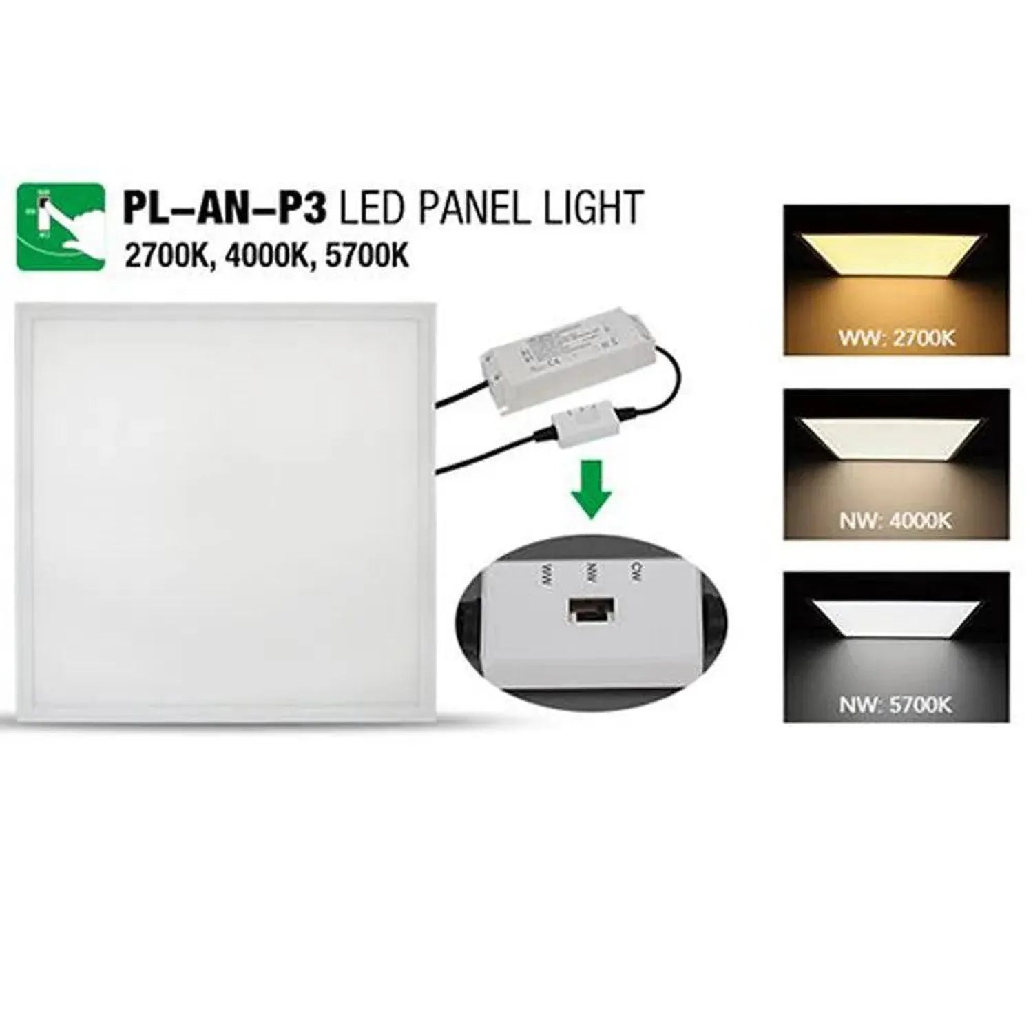 PL-AN-P3 LED panel light with power driver and control remote showing three color temperature options: 2700K warm white, 4000