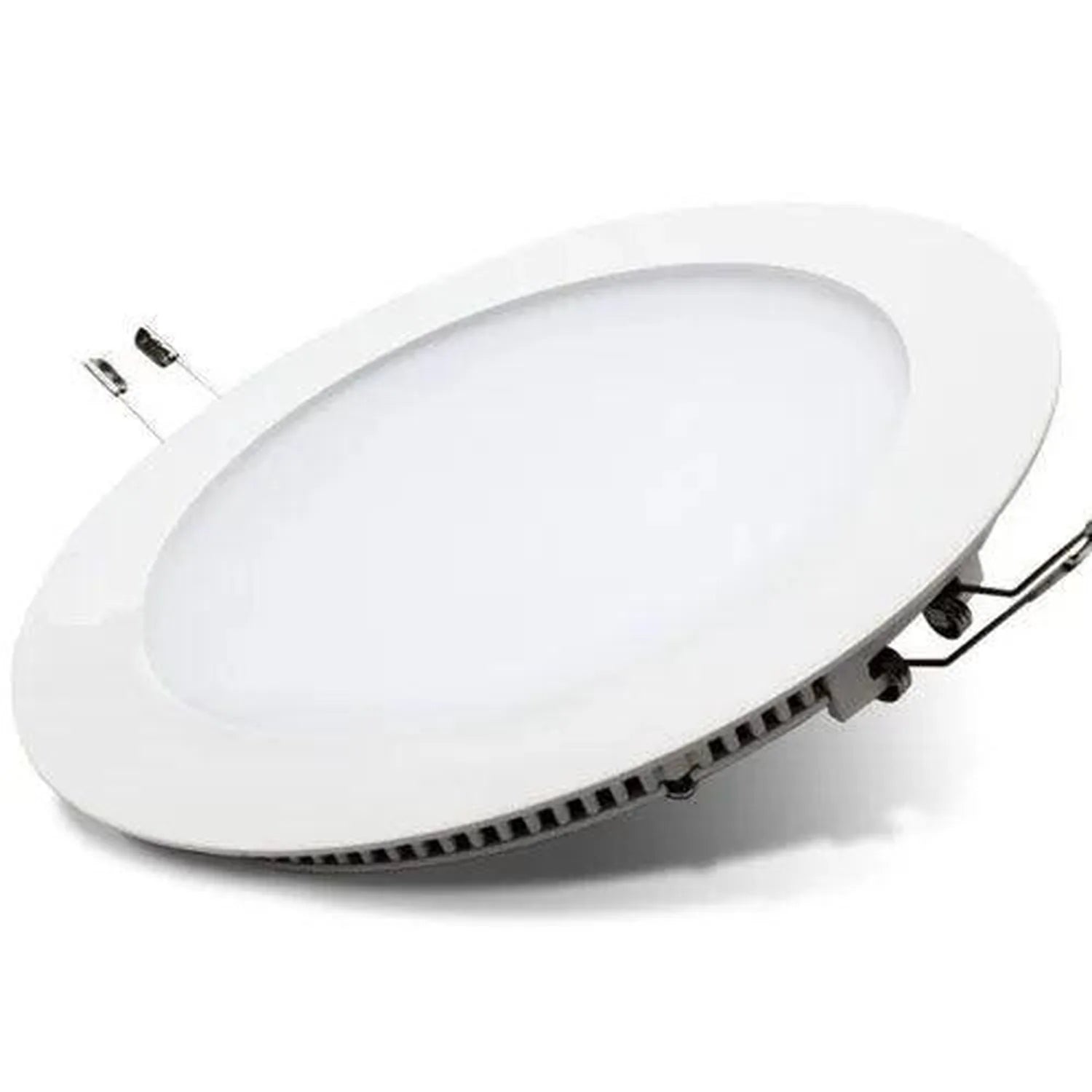White round recessed LED ceiling light with mounting brackets visible, shown at an angle against white background.