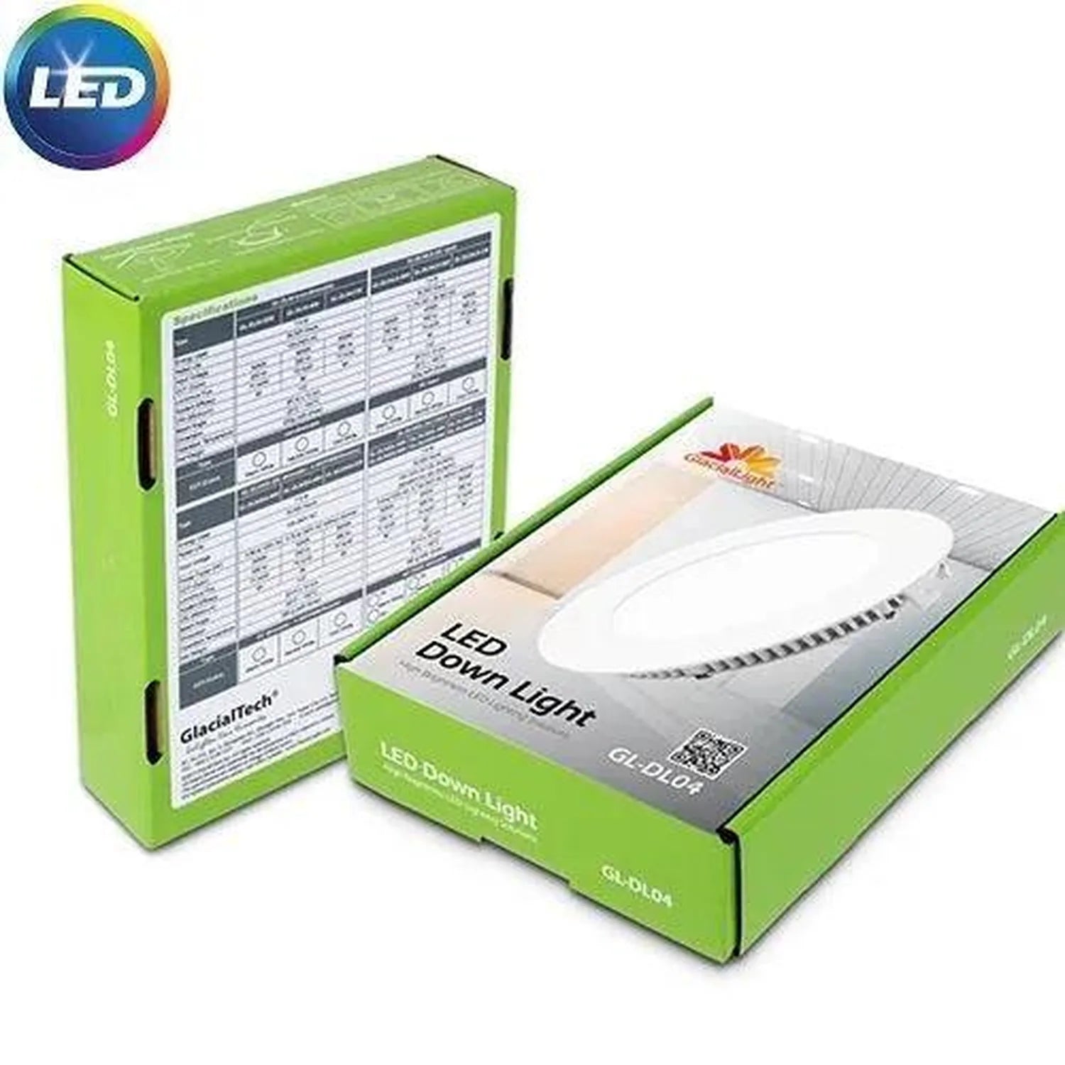 GlacialTech LED downlight with open packaging showing white round recessed ceiling fixture and product specifications card on