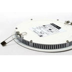 Round white recessed LED ceiling light with mounting hardware, installation instructions, and power cable, displayed flat on 