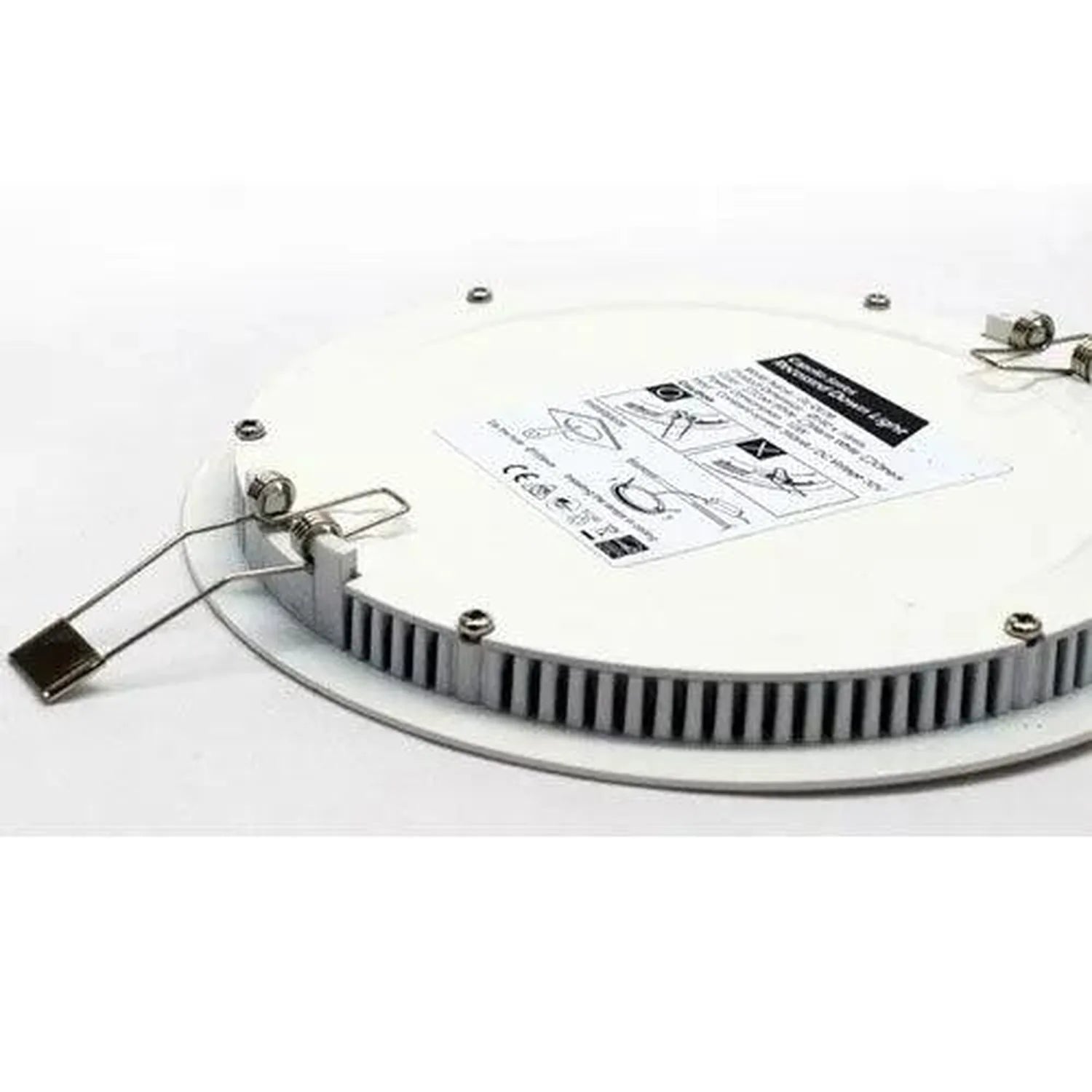 Round white recessed LED ceiling light with mounting hardware, installation instructions, and power cable, displayed flat on 
