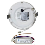 Overhead view of round LED downlight and separate LED driver with exposed wiring and connector components.