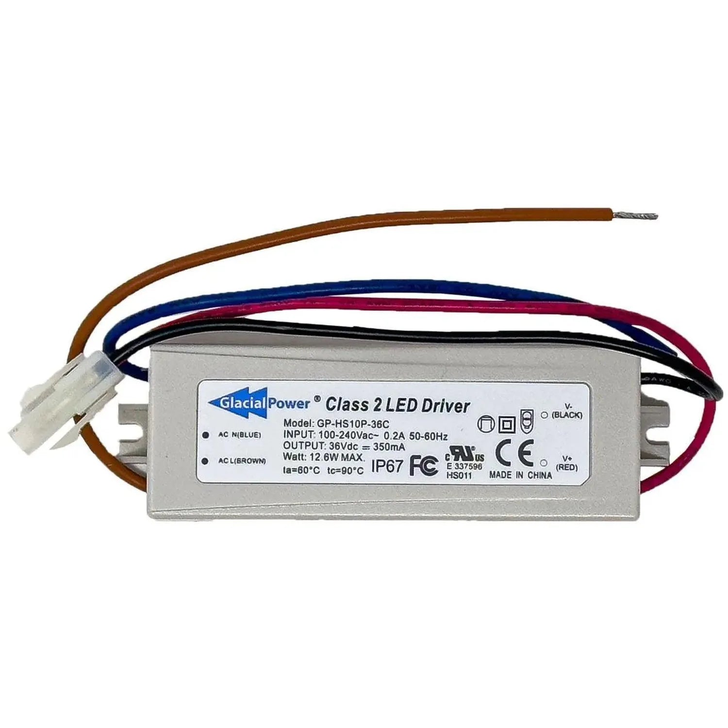 Glacial Power Class 2 LED Driver model GP-HS10P-36C with input/output specifications and colored wires attached to connector.