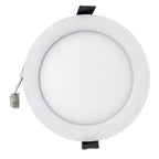 White round recessed LED downlight with integrated power cord and mounting clips, viewed from front.