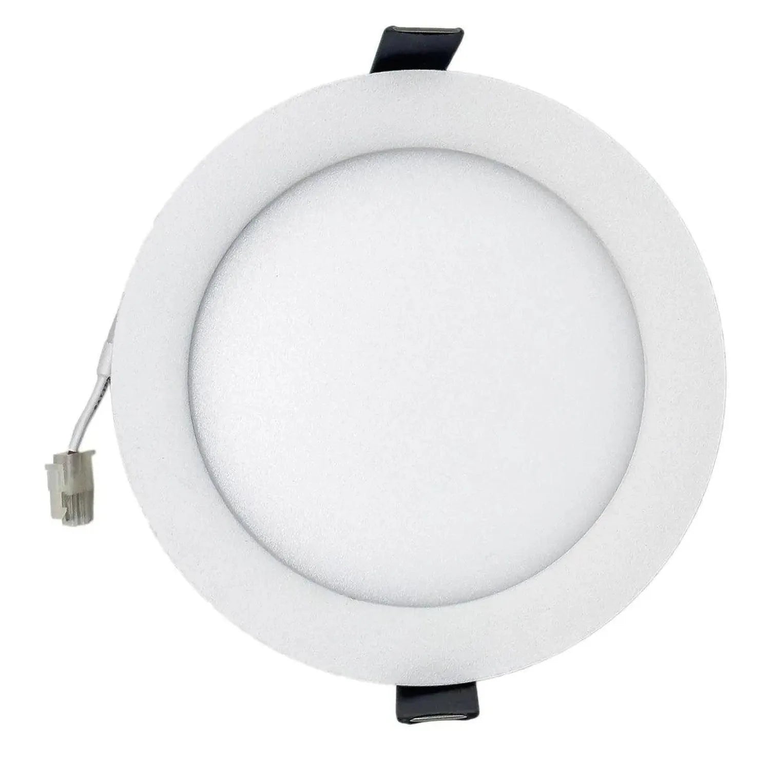 White round recessed LED downlight with integrated power cord and mounting clips, viewed from front.