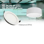 Two white LED panel lights shown: recessed downlight and surface-mounted ceiling fixture, both waterproof IP54 rated, part of