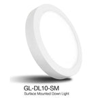 White circular LED surface mounted down light tilted at an angle, showing model number GL-DL10-SM below.