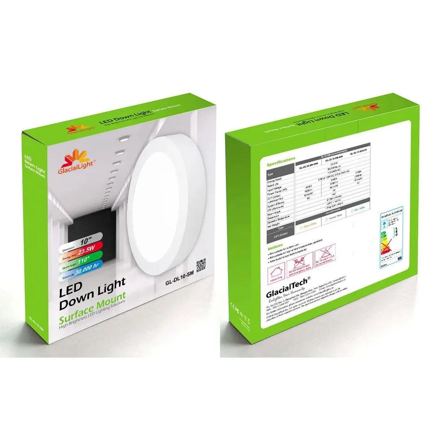 GlacialLight LED downlight packaging showing front and back views with white round fixture and specifications panel visible.
