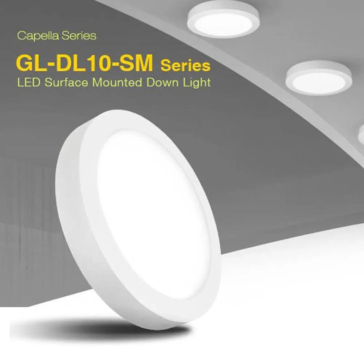 Glacial GL-DL10-SM Series LED surface mounted downlight with white round bezel shown installed on ceiling alongside two small