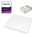 Philips Xitanium LED driver, white square panel light, and product packaging with purple branding label.