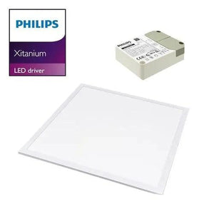Philips Xitanium LED driver, white square panel light, and product packaging with purple branding label.