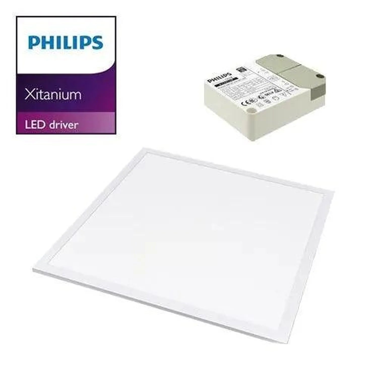 Philips Xitanium LED driver, white square panel light, and product packaging with purple branding label.