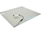 Rear view of square LED panel light showing white surface with driver unit and black cable connection.