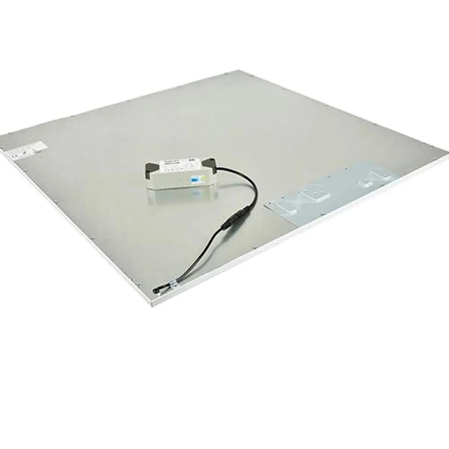 Rear view of square LED panel light showing white surface with driver unit and black cable connection.