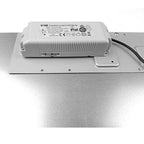 White rectangular LED driver mounted on panel light fixture showing specifications and CE certification markings.