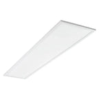 Rectangular LED panel light with white diffuser and silver frame, tilted perspective view against white background.