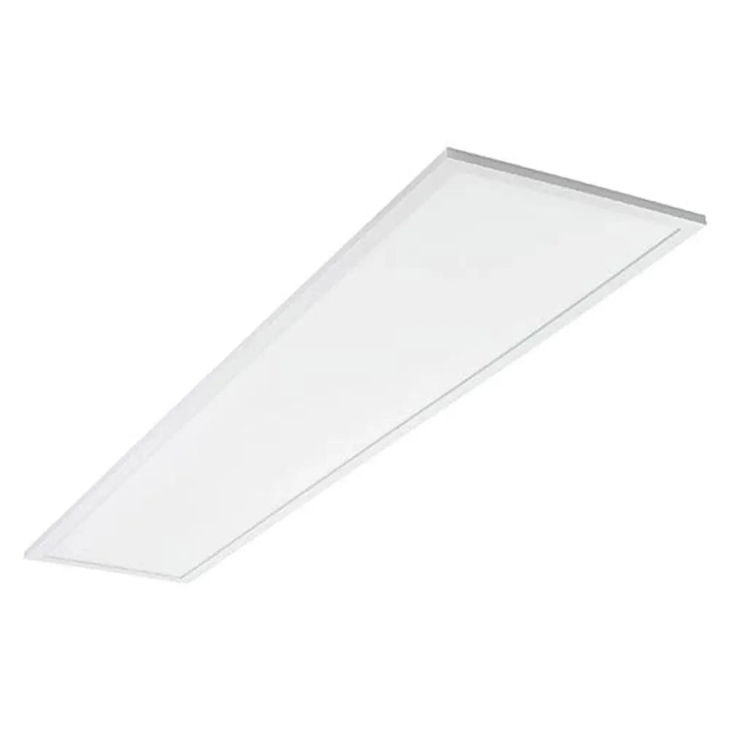 Rectangular LED panel light with white diffuser and silver frame, tilted perspective view against white background.