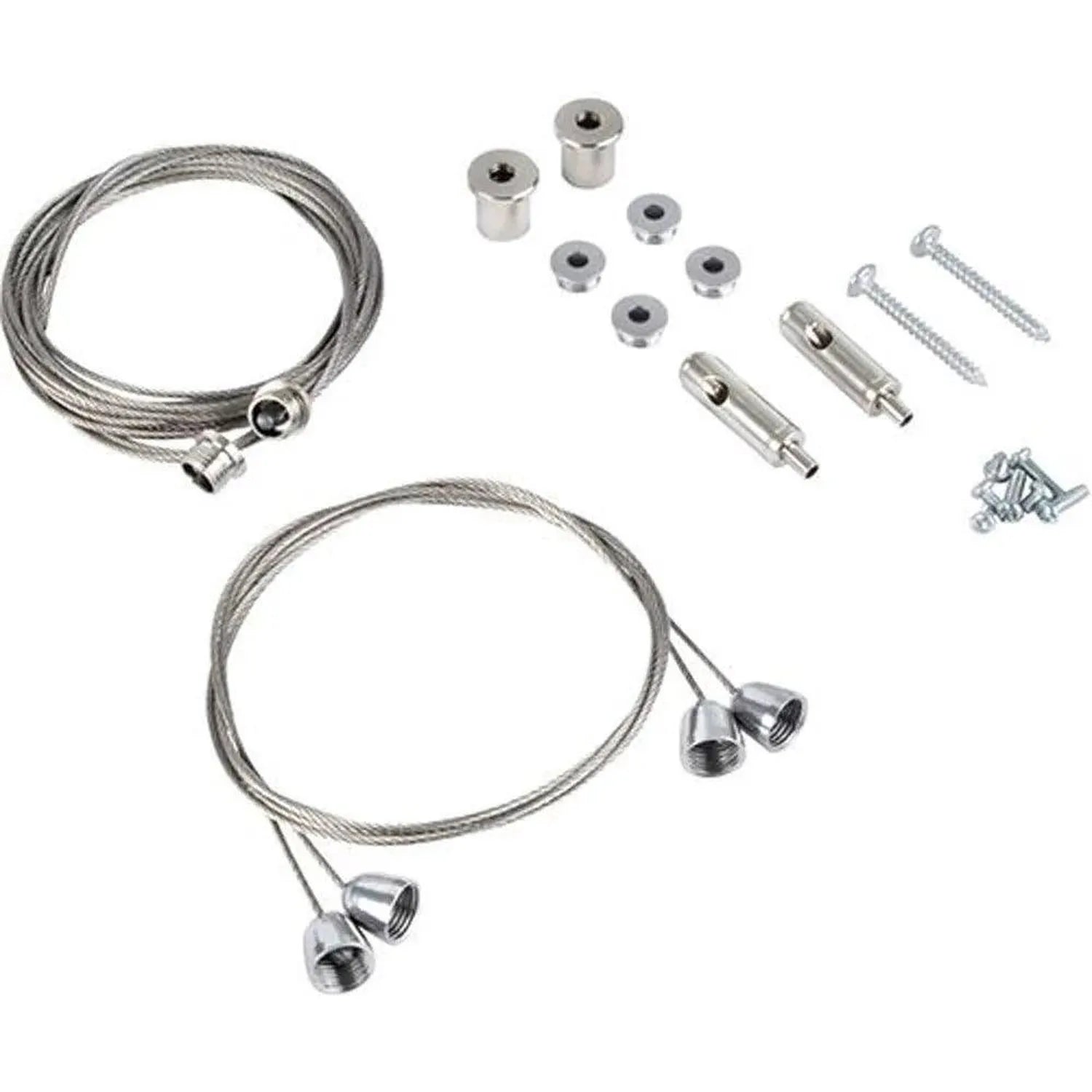 Steel cable hanging kit with connectors, anchors, screws, and washers for suspended panel lights.
