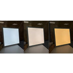 Three LED panels displayed side-by-side showing different color temperatures: cool white, warm white, and warm yellow in an o