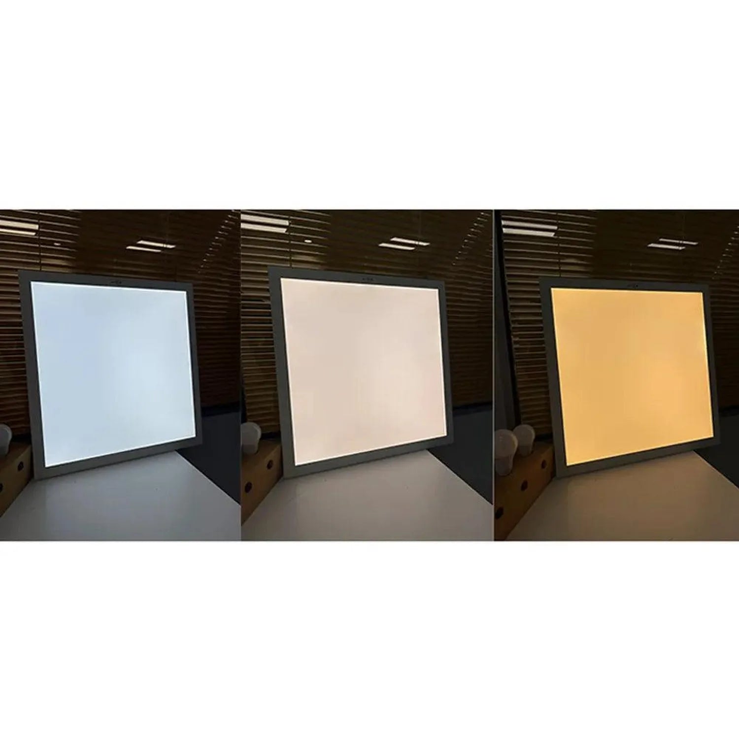 Three LED panels displayed side-by-side showing different color temperatures: cool white, warm white, and warm yellow in an o