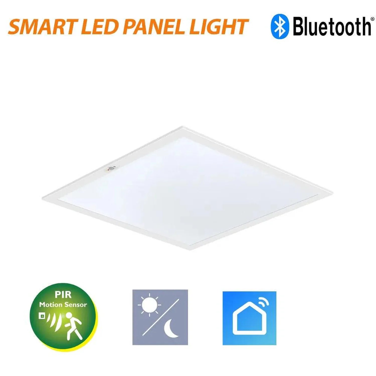 White square smart LED panel light with Bluetooth connectivity, PIR motion sensor, and day-night dimming features shown on wh
