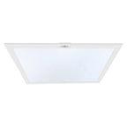 White square LED ceiling panel with integrated controls, viewed from below at an angle against white background.