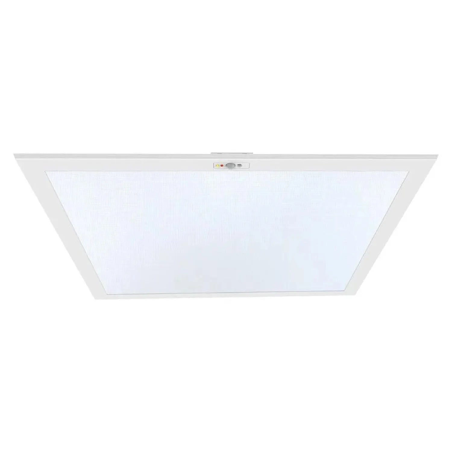 White square LED ceiling panel with integrated controls, viewed from below at an angle against white background.