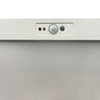 Smart LED ceiling panel with PIR motion sensor and control dial, showing indicator lights and mesh diffuser.