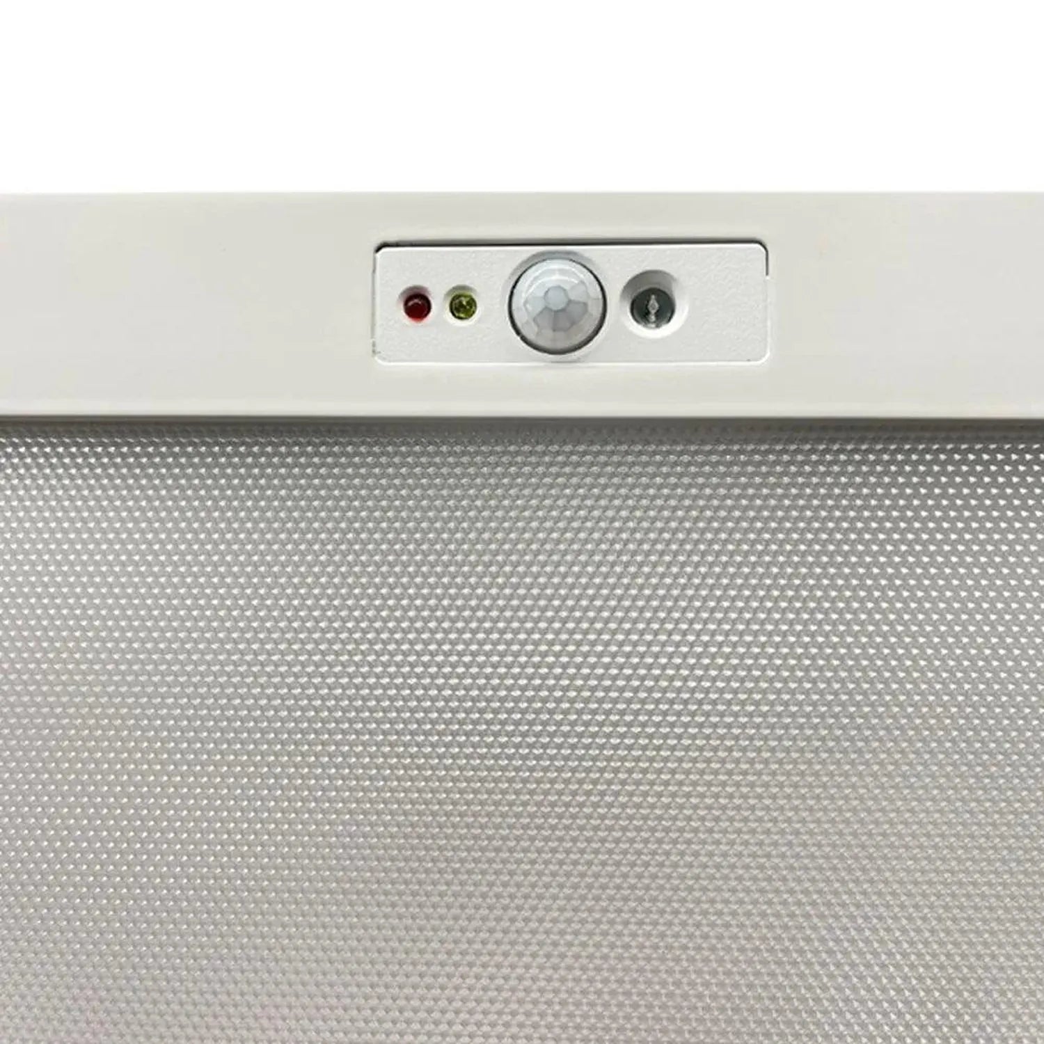 Smart LED ceiling panel with PIR motion sensor and control dial, showing indicator lights and mesh diffuser.