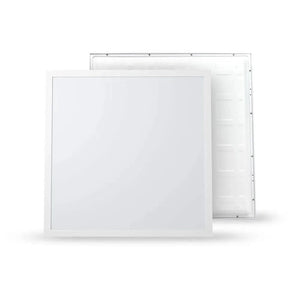White square LED panel light shown front and back view, displaying frame and internal mounting structure.