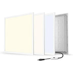 Exploded view of LED panel light showing four white rectangular panels in increasing depth with exposed aluminum frame and po