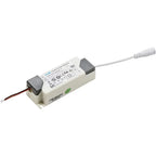 White rectangular LED driver unit with gray end caps, red and black wires, and white connector cable, product shot on white b