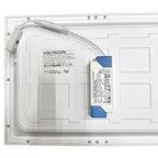 Rear view of LED panel light showing Voltacon label and integrated LED driver with blue accents, mounted in white housing wit