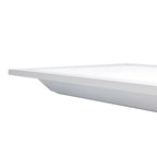 White rectangular LED panel light with curved recessed edge, shown at an angle against white background.