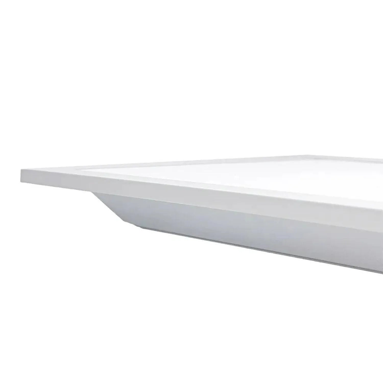 White rectangular LED panel light with curved recessed edge, shown at an angle against white background.