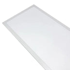 White rectangular LED panel light with slim frame, shown at an angle against white background.