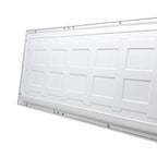 White rectangular LED panel light with grid pattern of recessed squares and visible mounting brackets and screws.