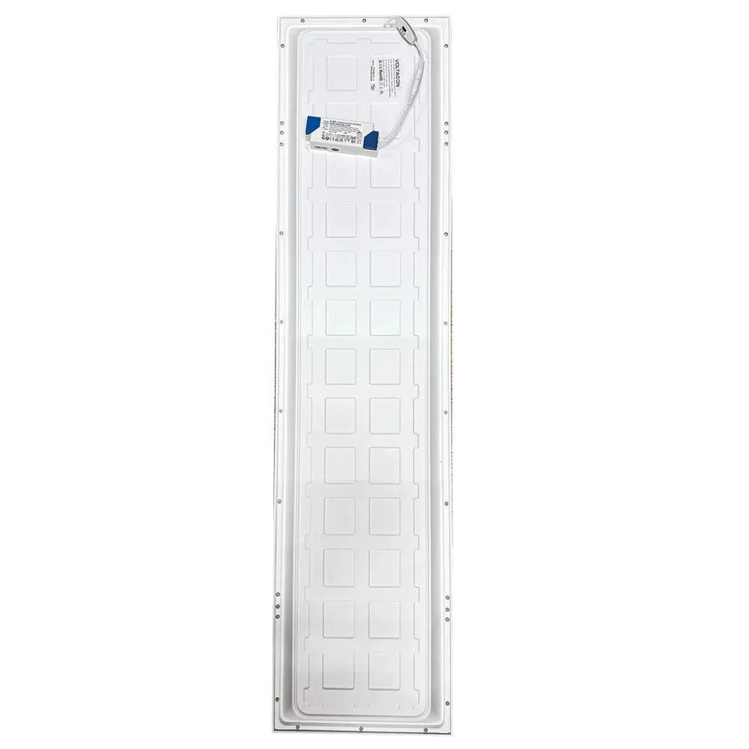 Rear view of rectangular LED panel light showing white diffuser surface with grid pattern, driver unit with blue connectors, 