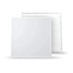 White square LED panel light shown front and back view, displaying frame and internal mounting structure.