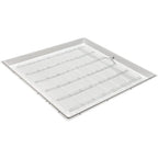 White rectangular LED panel light fixture viewed from above, showing internal LED strip arrays and mounting hardware against 