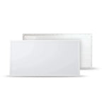 Two white rectangular LED panel lights shown front and back view, displaying flat surface design and mounting frame structure