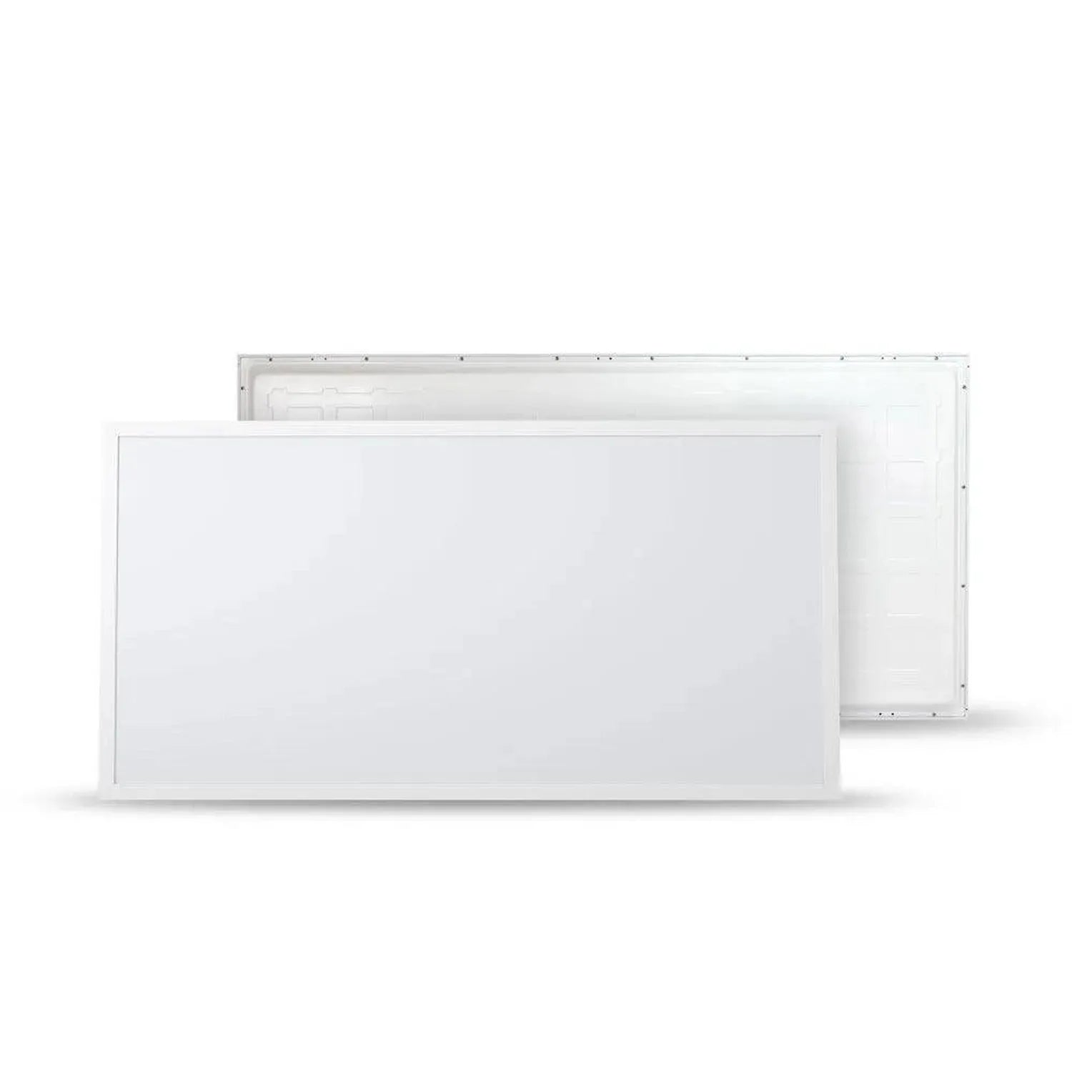 Two white rectangular LED panel lights shown front and back view, displaying flat surface design and mounting frame structure