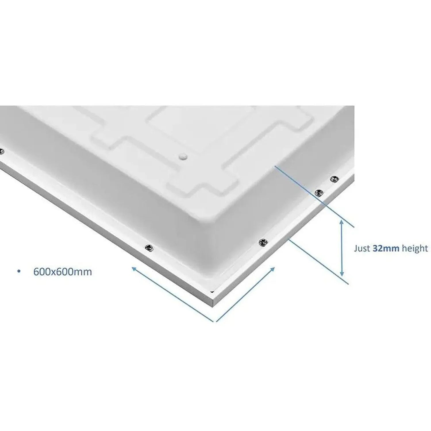Dimension diagram of square LED panel light showing 600x600mm footprint and 32mm height with mounting screws visible.