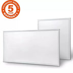 Two LED panel lights with white frames displayed at angles, with 5-year warranty badge